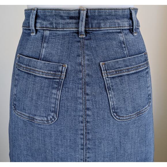 M&S VTG Denim Jean Skirt 4 Blue Midi Pencil 4 Button Front Patch Pockets 90s - Picture 4 of 10